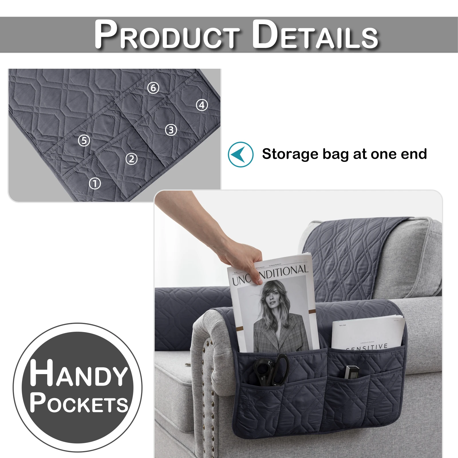 100% Waterproof Quilted Sofa Arm Covers Pet Mat Pocket Storage Bag Slip Covers Removable Stretch Furniture Arm Couch Protector