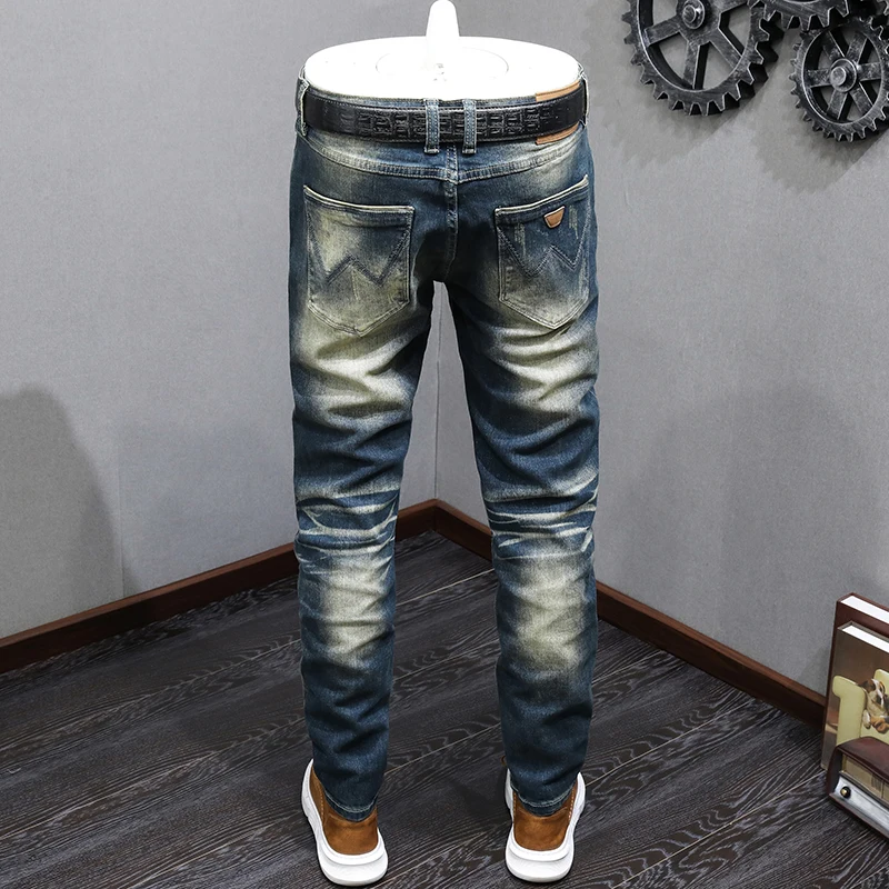 Newly Fashion Vintage Men Jeans Retro Blue Stretch Slim Fit Ripped Jeans Men Elastic Trousers Casual Designer Denim Pants Hombre