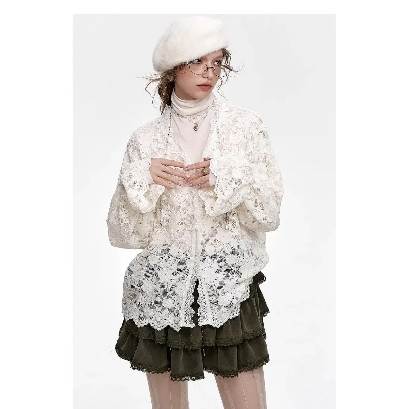 American White Layered Lace Shirt for Women 2025 Spring Autumn New Style High-end Chiffon Bottoming Shirt
