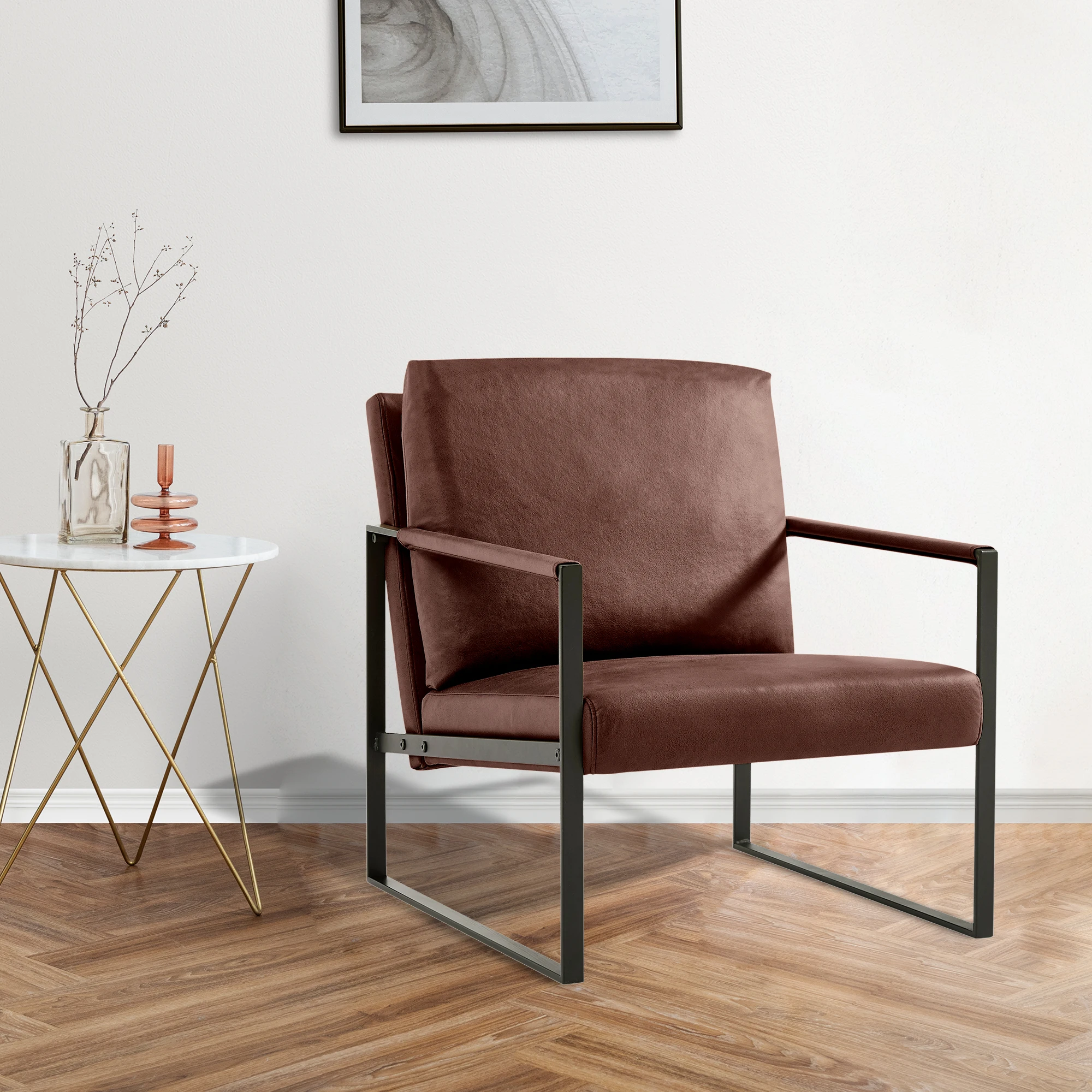 Brown PVC Leather Arm Chair with Extra Thick Padded Backrest, Seat Cushion and Sturdy Metal Frame, Lounge Chair for Living Room