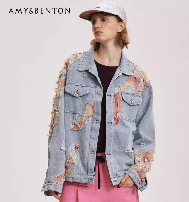 

Spring and Autumn Women's American Street Style Colorful Patchwork Blue Loose Casual Turn-Down Collar Denim Jacket