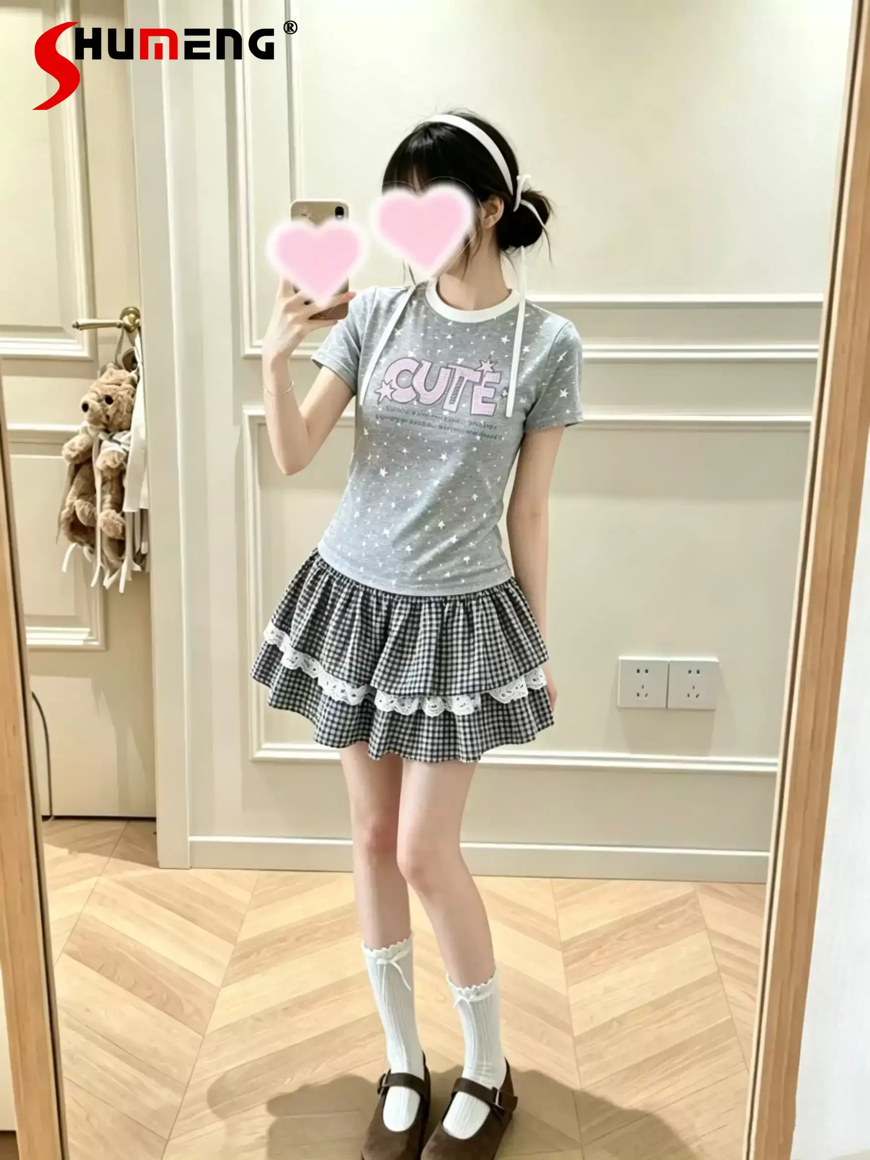 

Japanese Sweet Cute Girl's Y2K Tops Crew Neck Short Sleeve Cartoon Star Print Slim Versatile Casual Gray T-shirts Women Summer