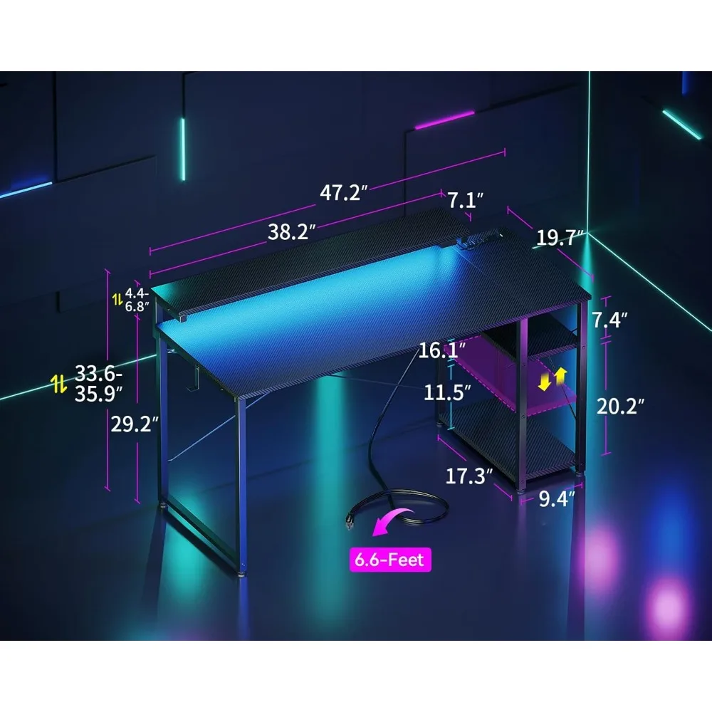Gaming Desk with Led Lights & Power Outlet, 47 Inch Gaming Computer Desk with Shelves, Reversible Gamer Desk Table with Adjusta