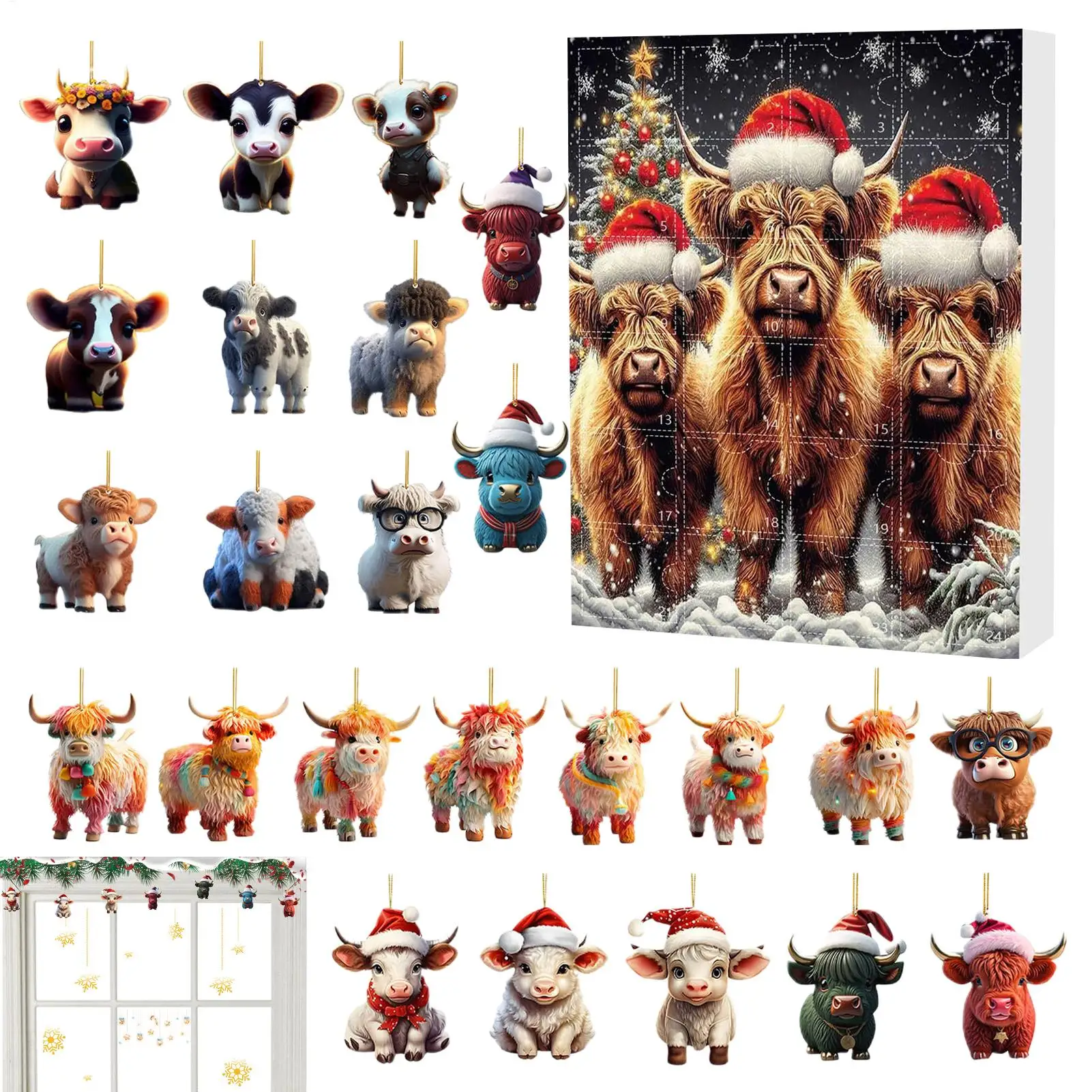 Weihnachtsbaum Highland Cow Ornaments Weihnachts-Countdown-Kalender-Set Weihnachtsgeschenk 2-teiliges Weihnachts-Advent-Überraschungsspielzeug-Set