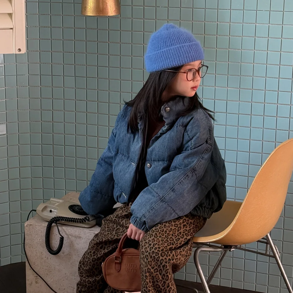 

Girls Cotton Jacket 2025 Winter Korean Version Short Denim Blue Stand Up Collar Top Loose Bread Jacket Stylish and Fashionable