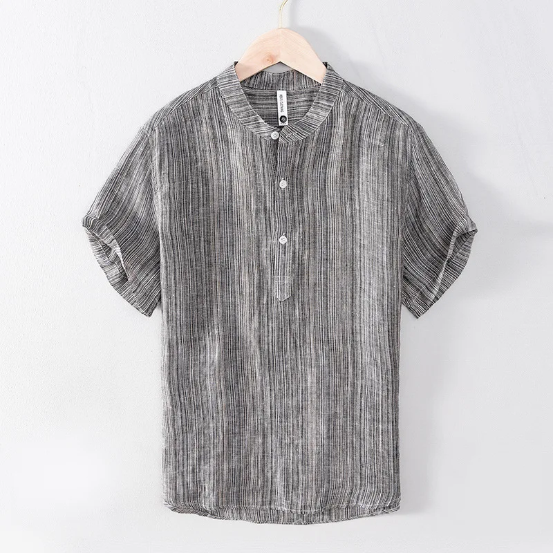 

Men's Summer Linen Henley Neck T-Shirt Striped Retro Relaxed Fit Breathable Lightweight Short Sleeve Beach Vacation Shirt Man