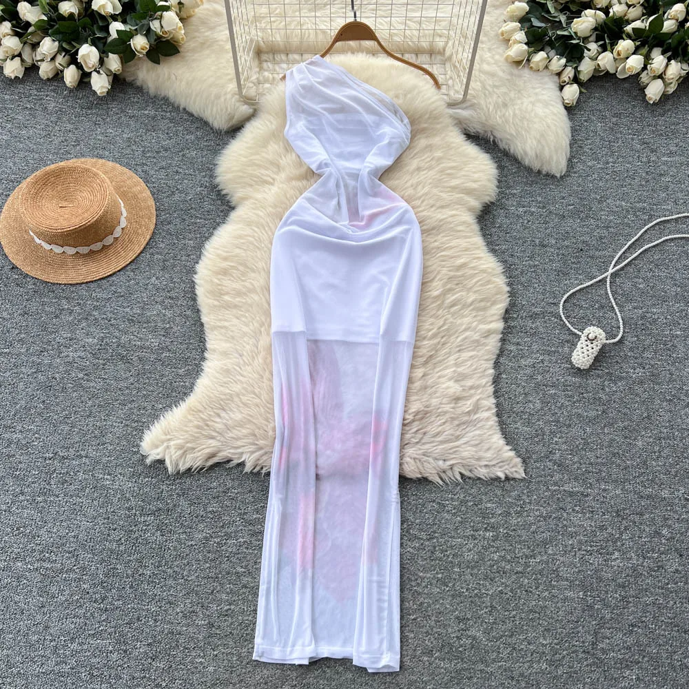 Chic vintage Diagonal collar print sleeveless slim Elegant Fairy korean fashion Boho Sundress women clothing Long dress