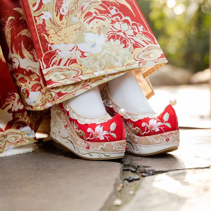High Quality Handmade Chinese Wedding Shoes Women's for Han Clothing Warped Red Embroidered Height Increasing