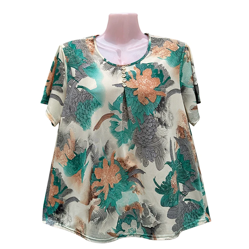 تي شيرت فضفاض بأكمام قصيرة من قماش الهيمب مقاس كبير مريح للصيف للنساء في منتصف العمر وكبار السن يغطي البطن