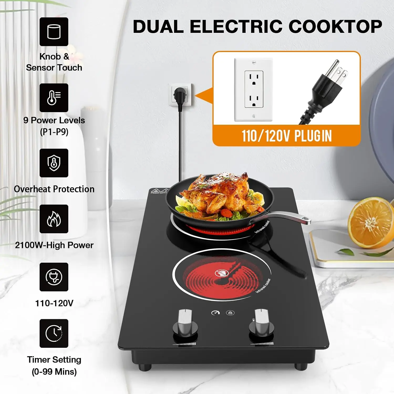 2 Burner Electric Cooktop, 2100W Electric Stove Top, 12 inch Countertop & Built-In, 9 Power Levels, Knob Control, Timer