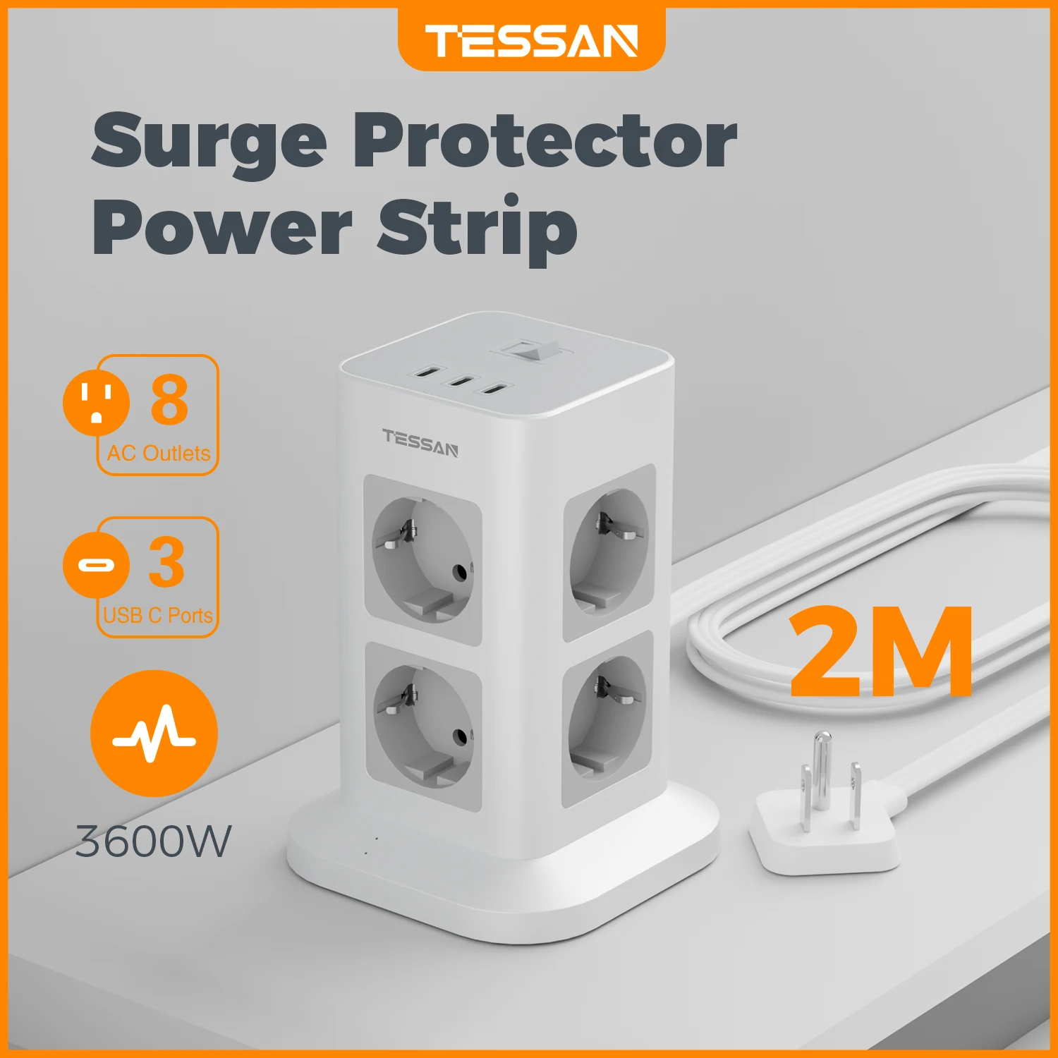 

TESSAN 3600W EU Power Strip Tower Socket Outlet with 8 AC 3 USB Port 1700J Surge Protection Type C Vertical Socket with 2M Cable