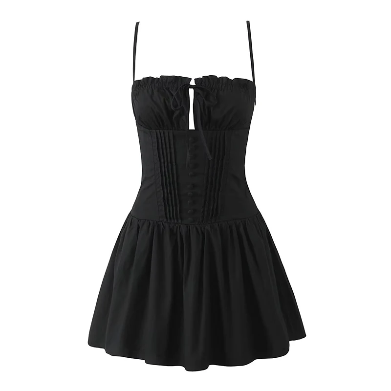 YENKYE Women Low Waist Fit And Flare Sling Mini Dresses Wood Ears Summer Sexy Dress Pink Black Holiday Party Robe Cotton
