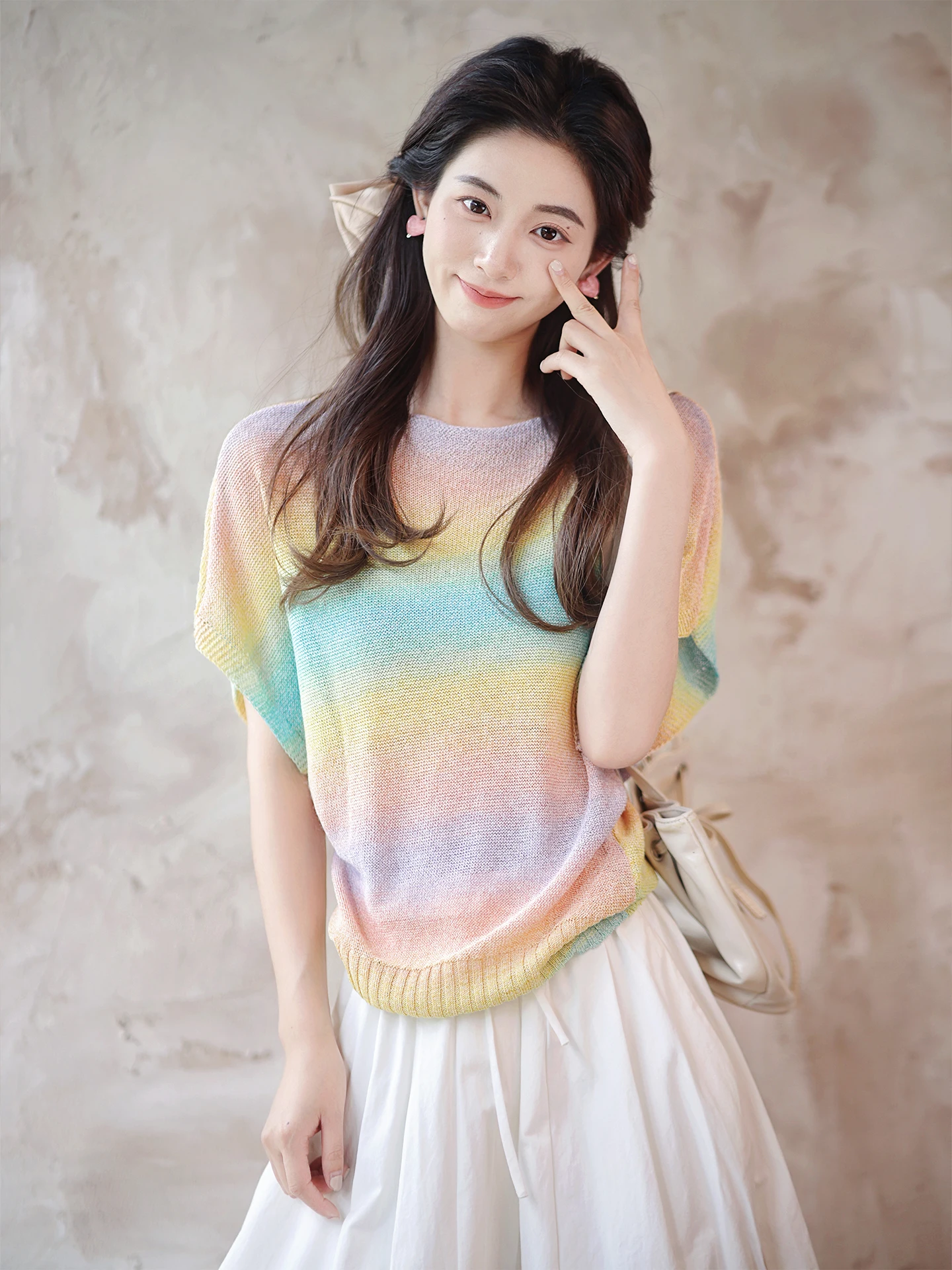 Rainbow Sugar Segmented Dyeing Batwing Sleeve T-Shirt ZhaodaXi round Neck Knitted Top Women's Casual Loose Fit Summer Tee