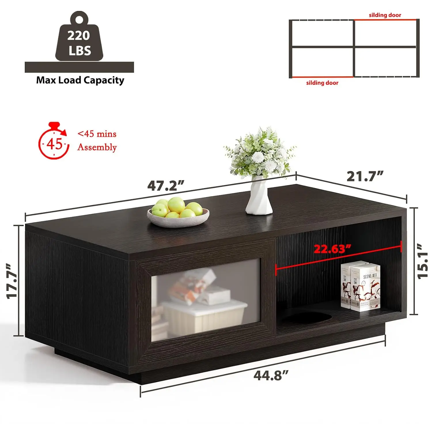47 Inch Black Oak Coffee Table With Storage For Living Room, Customized