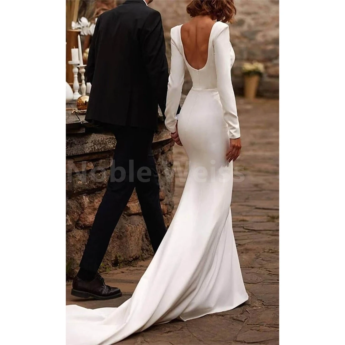 Elegant Long Sleeves Soft Satin Wedding Dress Square Neckline Backless Bridal Gown Customized