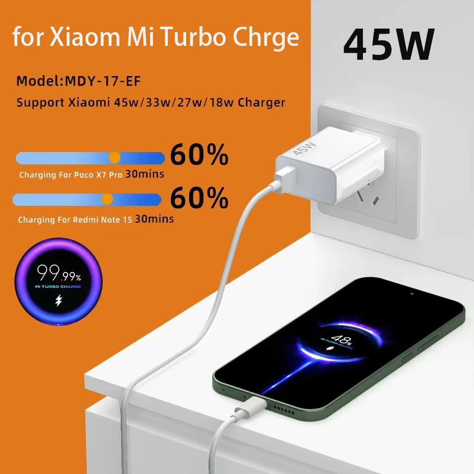 Original Xiaomi 45W EU Charger Turbo Fast Charge Adapter 6A Type C Cable For Redmi Note 14 13 12T 11T Pro Mi 13T 12 10 9 Pad