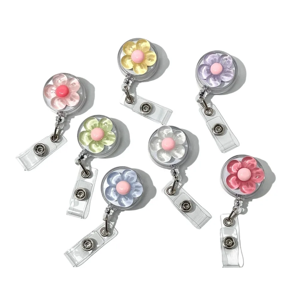 Cute Floral Badge Reel Retractable Doctore Nurse Worker ID Card Pull Buckle Transparent Durable ID Card Badge Holder Clip