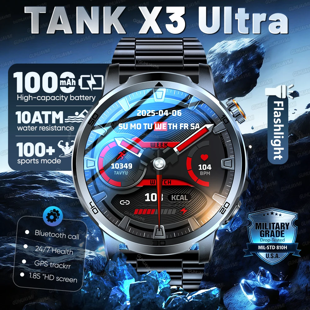

Новые военные смарт-часы 2026 года с аккумулятором Ultra 1000 мАч, большим HD-экраном 1,85 дюйма, водонепроницаемостью IP69K, LED-фонариком, спортивные смарт-часы для мужчин