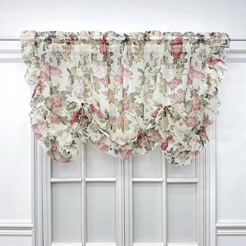 

Pastoral Rose Blossoms Sheer Ruffled Short Curtains For Bedroom Romantic Ruffles Lace Tulle Translucent Voile Window Drapes