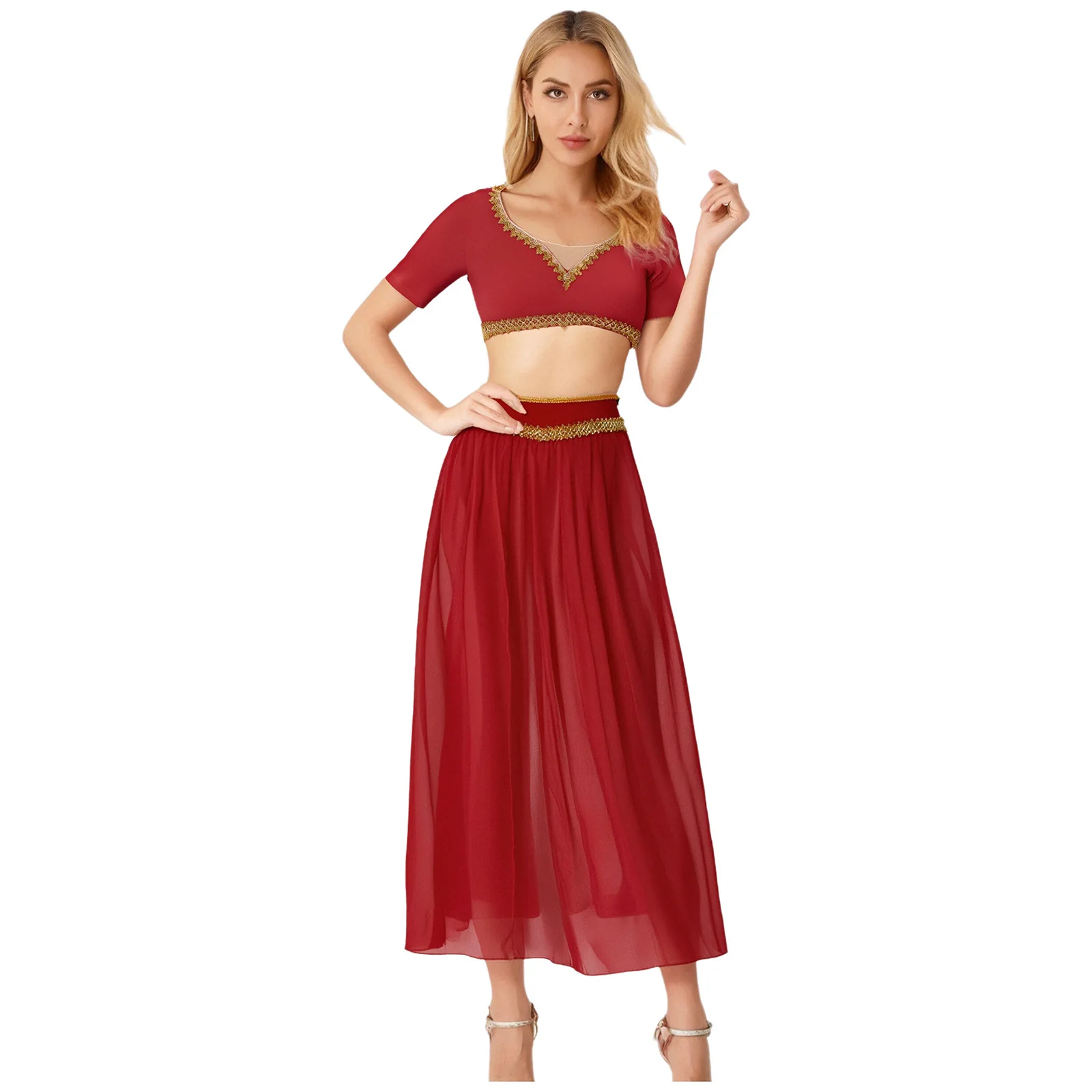 ผู้หญิง Lyrical Belly Dance Crop Tops SHEER ตาข่ายกระโปรงชุดพื้นบ้านอาหรับอินเดีย Princess COSPLAY PARTY ชุด