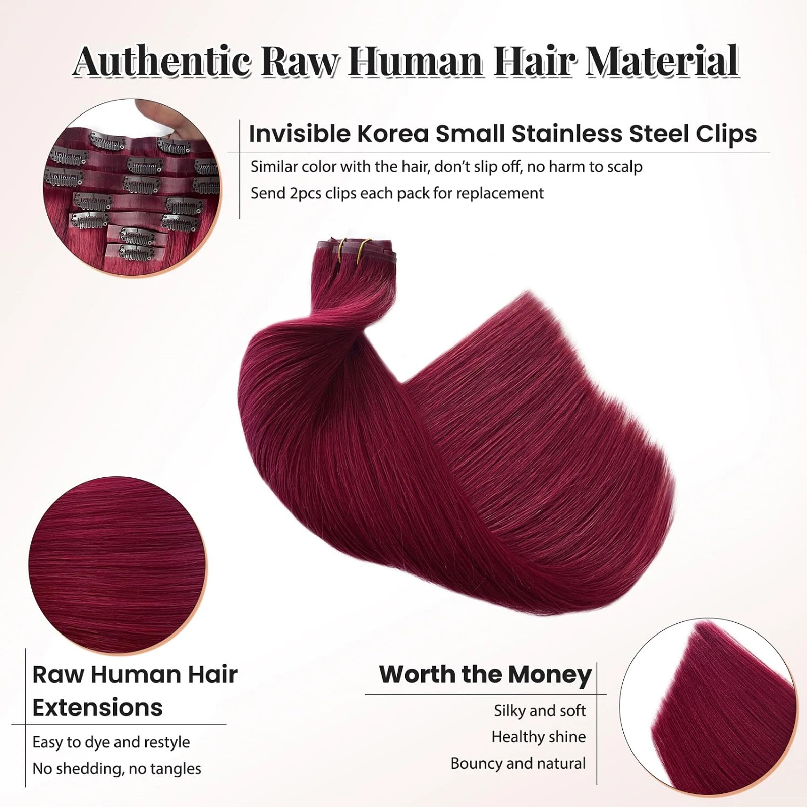 Clip in Hair Extensions Burgundy 99J 100% Real Human Hair 10Pcs Natural Straight 14-24inch Hair Extensions Dark Red For Women