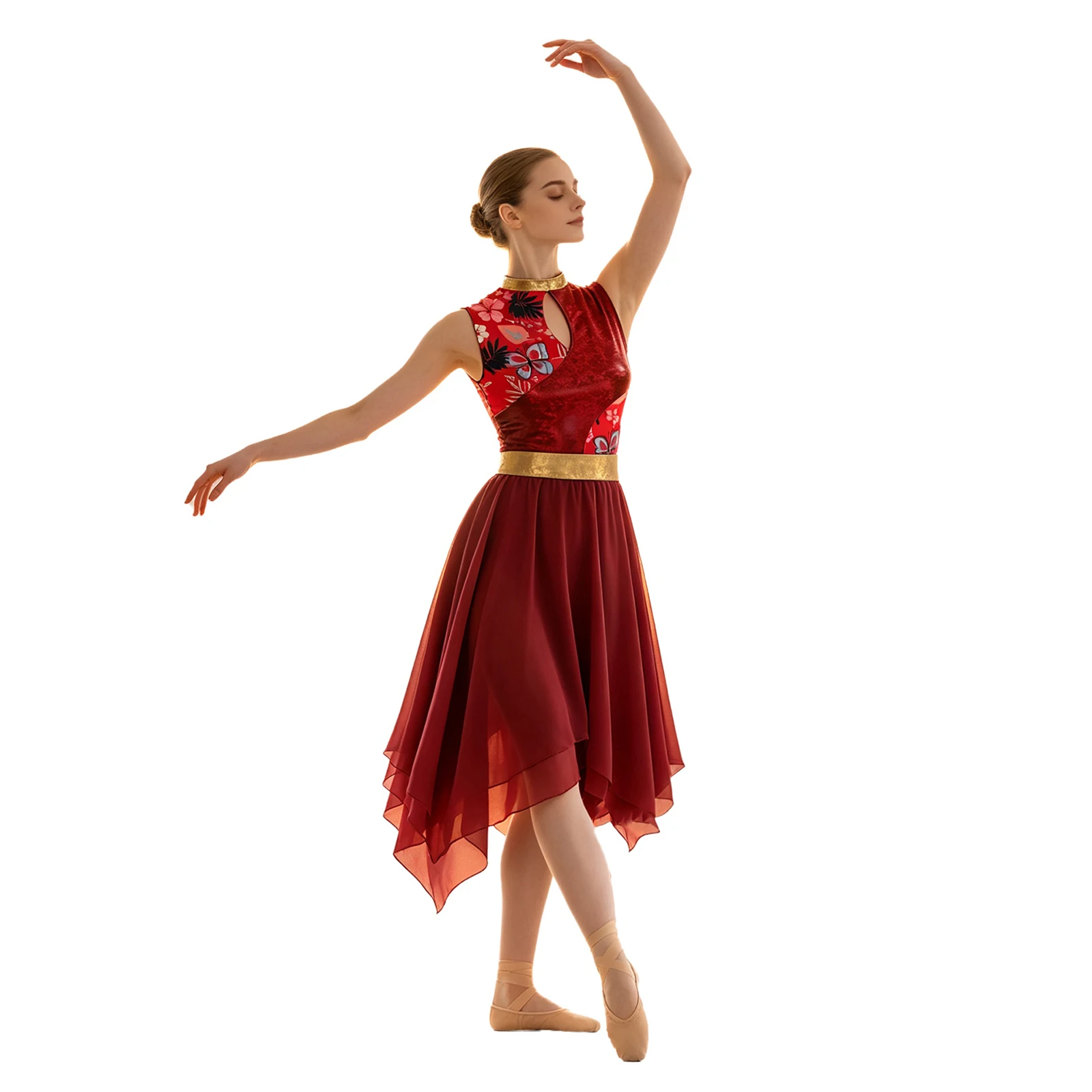 Damen-Lyrik-Tanzkleid, Kostüm für Gottesdienste und Lobgesänge, mit Metallic-Print, aufgesetztem Oberteil, Schlüssellochausschnitt vorne, ärmellos, unregelmäßiger Saum, Tunika-Kleid. – Detail 6