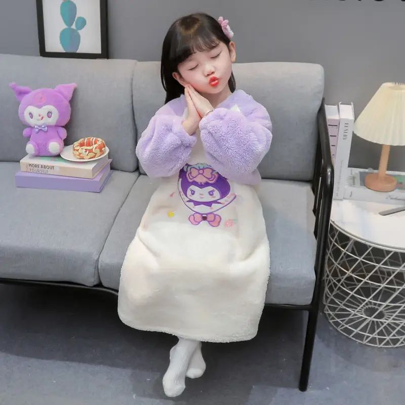 

Kawaii Kulomi Sanrio Children Cute Cartoon Plush Comfortable Warm Pajamas Student Bathrobe Sleeping Skirt Birthday Gift for Kids