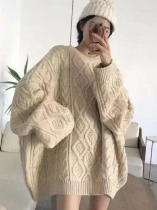 Women's Loose Long Knitted Sweater Autumn Winter Outerwear Thiened Over-sized Crew Ne Pullover Faionable Casual Sle
