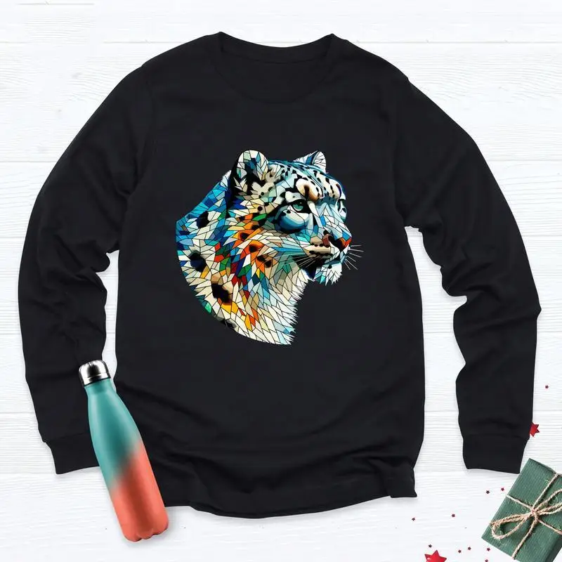 

Colorful Snow Leopard Sweatshirt Men's Women's Geometric Print Pullover Abstract Animal Art Top Wildlife Lover Gift
