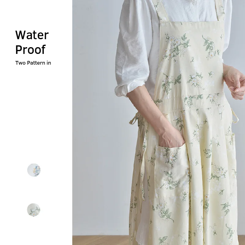 Vintage Printed Linen Aprons for Woman Ruffled Long Pinafores Dress Adjustable Stain-resistant for Flower Shop Gardening Overall