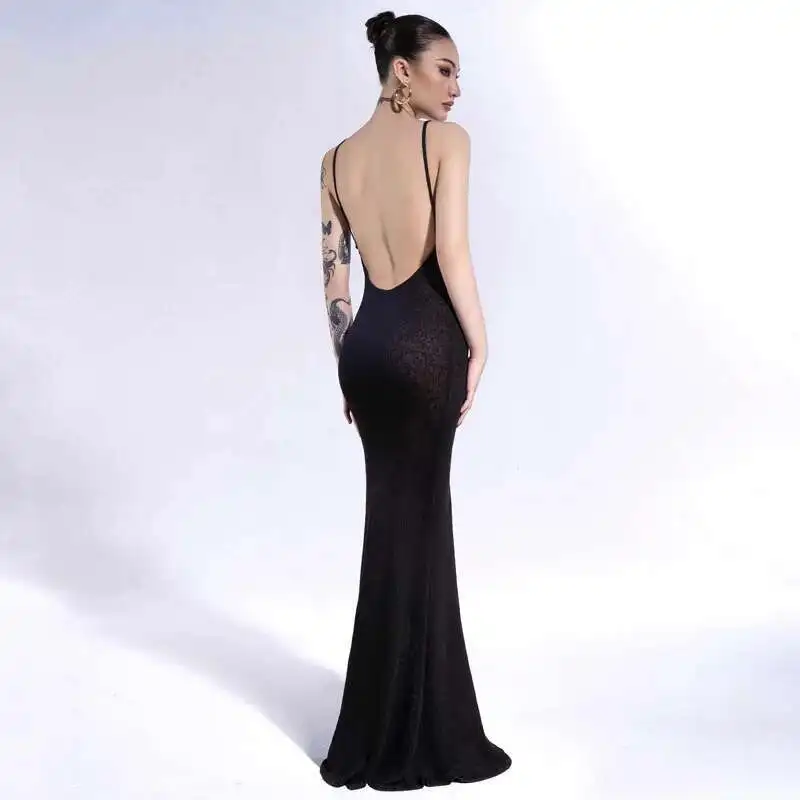 Durchsichtige, dünne Spaghettiträger-Robe, Sommerurlaub, Party, sexy schwarzes Maxikleid für Damen, ärmellose, rückenfreie Kleider
