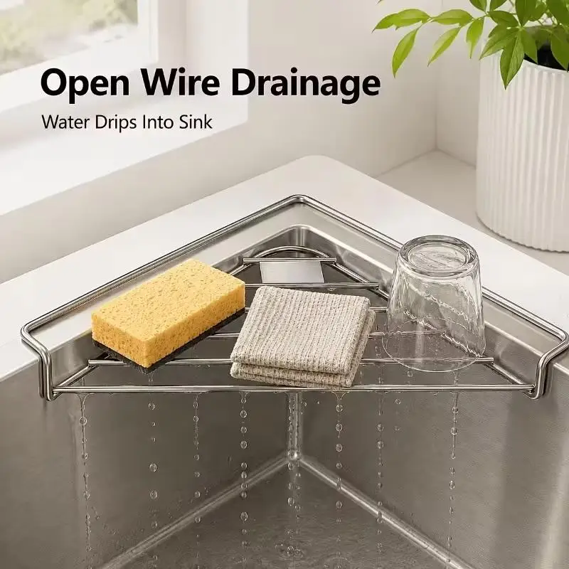 Sink Corner Drain Rack 201 Stainless Steel Rustproof Triangle Kitchen Storage Organizer for Dishcloth Scouring Pad