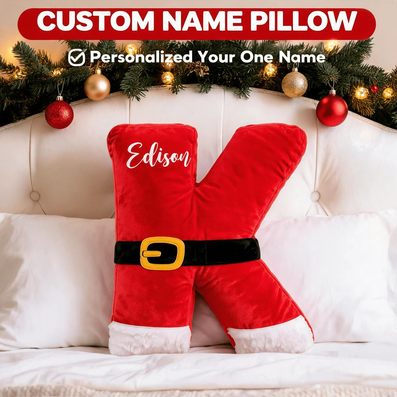 Custom Photo Name Letter K Pillow Red Santa Christmas Decor Cushion Unique Home Accent Sofa Bedroom Perfect Gift Adults Friends
