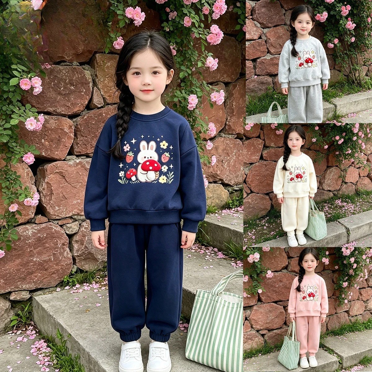 Girls Mushroom Print Sweatshirt & Pants Set – Korean 2-Piece Outfit for Big Kids, Casual Early Autumn Wear
