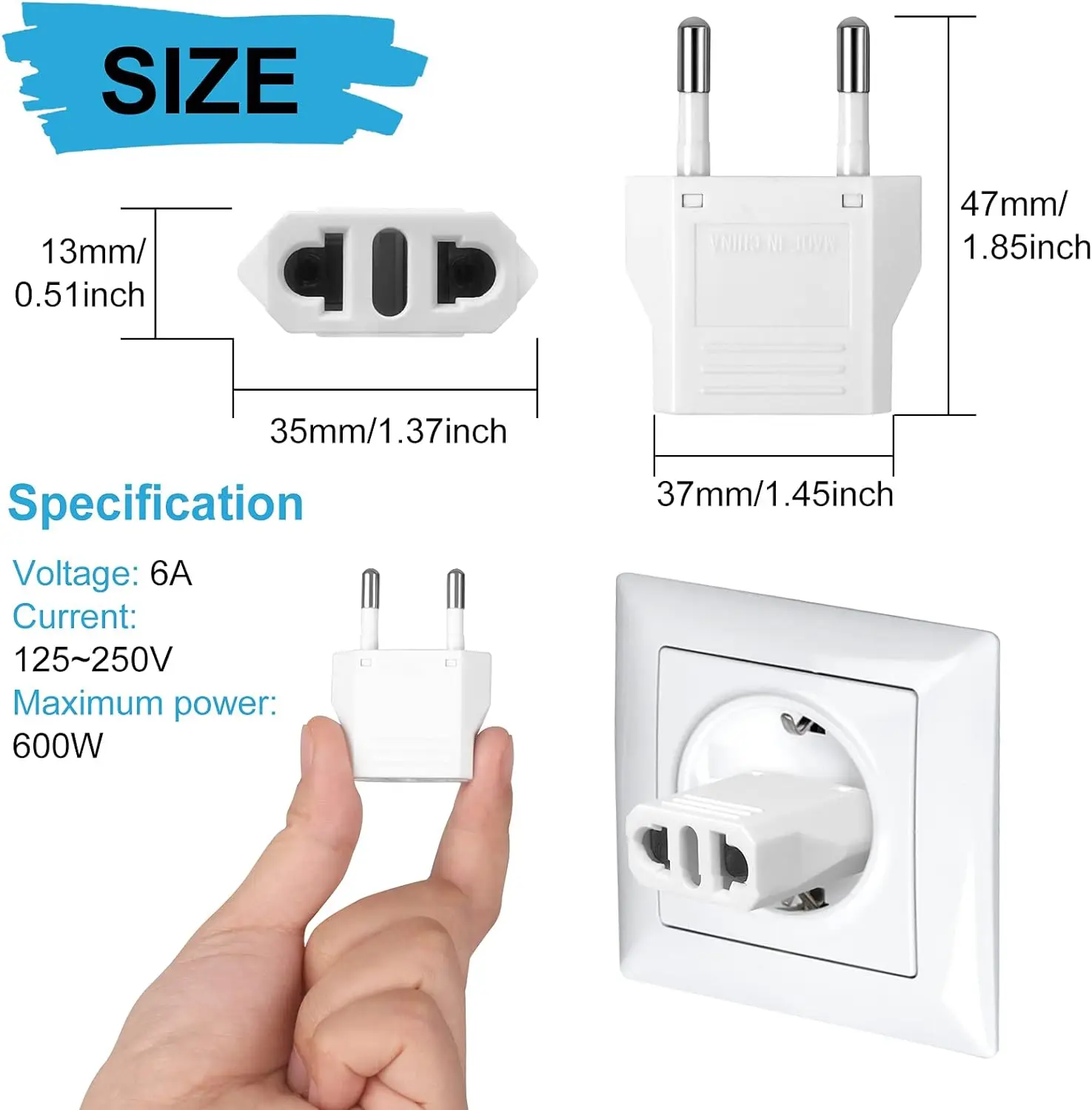 6 Pack US to Europe Plug Adapter - Type C European Travel Adapter, Wall Plug Power Converter for Europe (White) 4.0mm