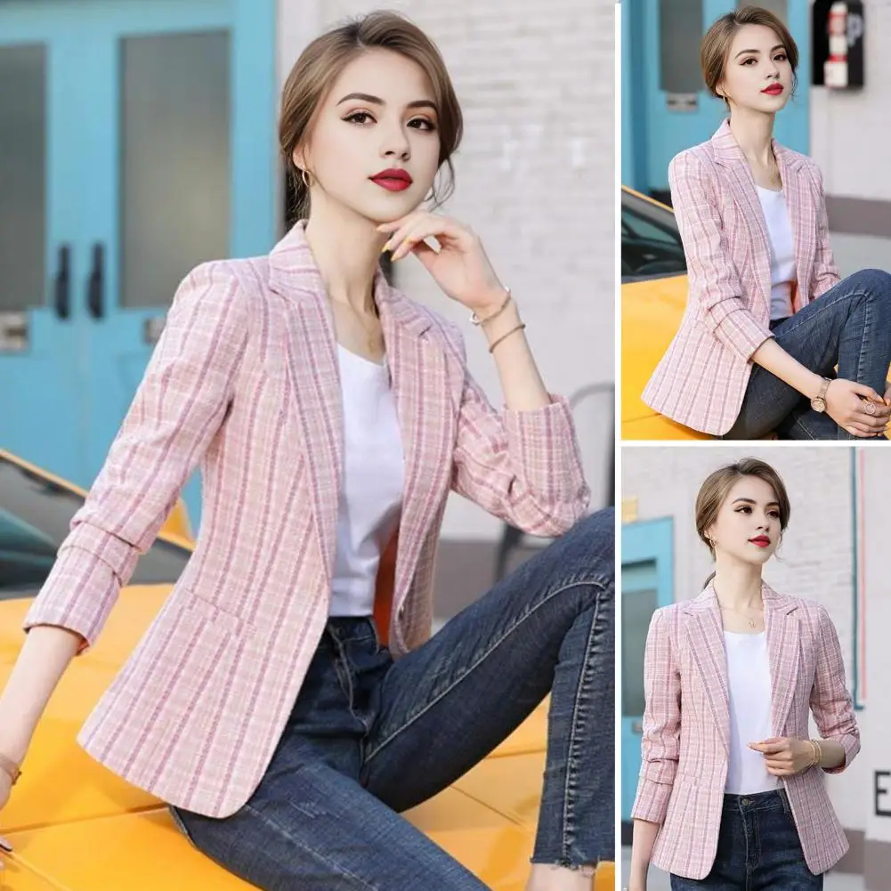 Simple Design Suit Coat Women Plaid Print Suit Coat Elegant Lapel Suit Coat for Women with Slim Fit Design Long Sleeve Office