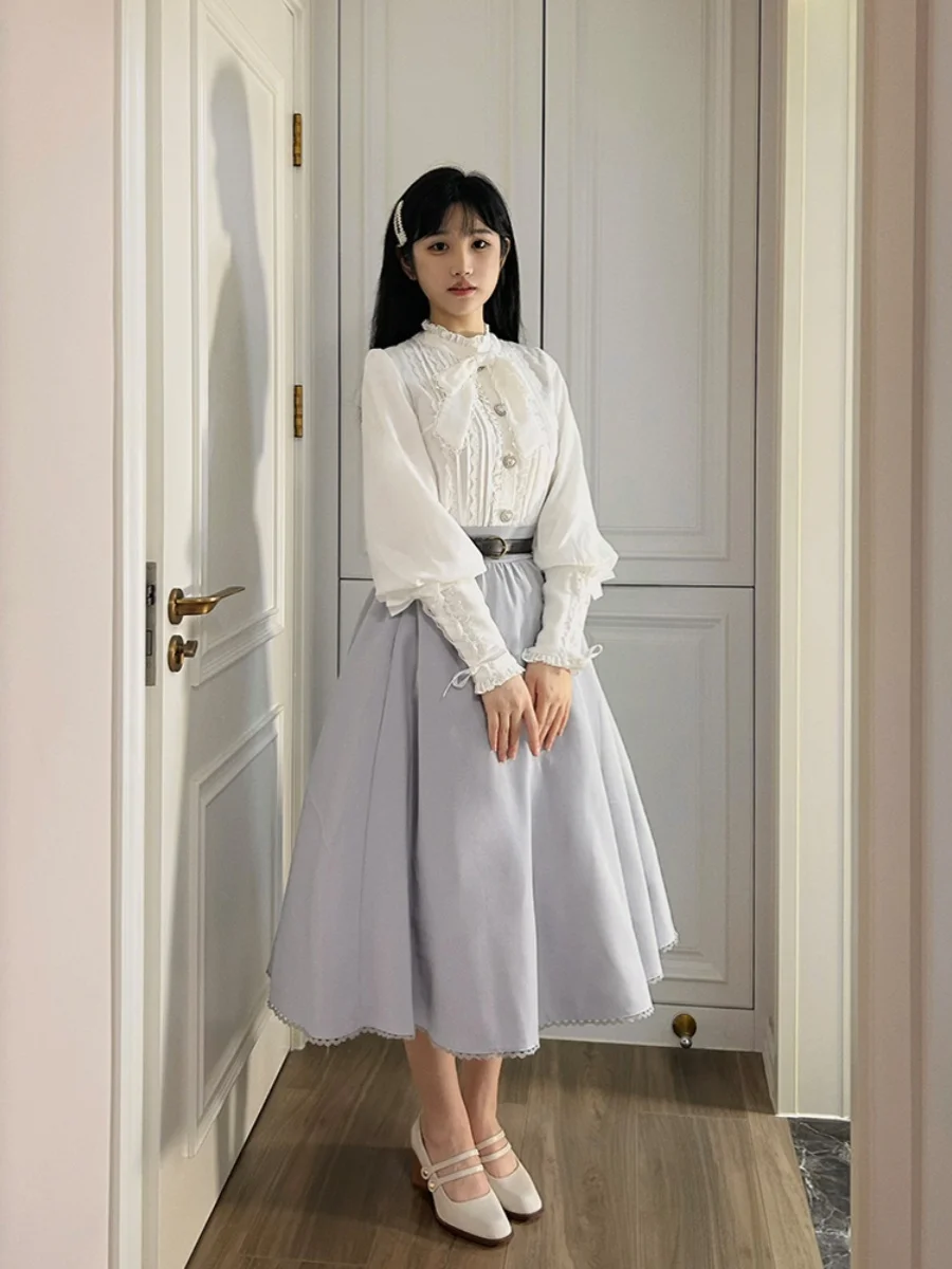 Elegant Classical Lolita Long Sleeve Bowknot Single-Breasted Jacket Tops High Waist Belt A-Line Oversize Long Skirt Sets Women