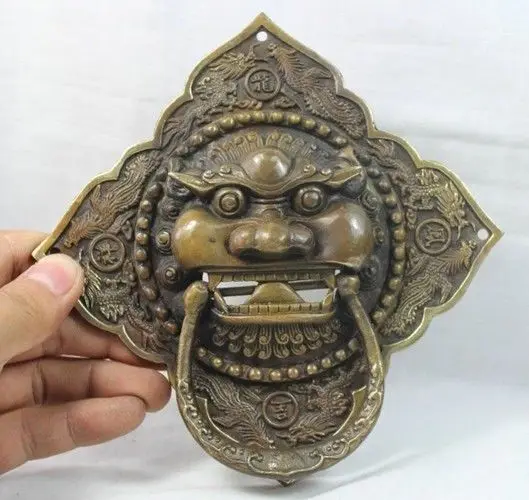 

Copper Fu Foo Dog Lion Head Door Knocker Statue 6" Chinese Ancient Folk