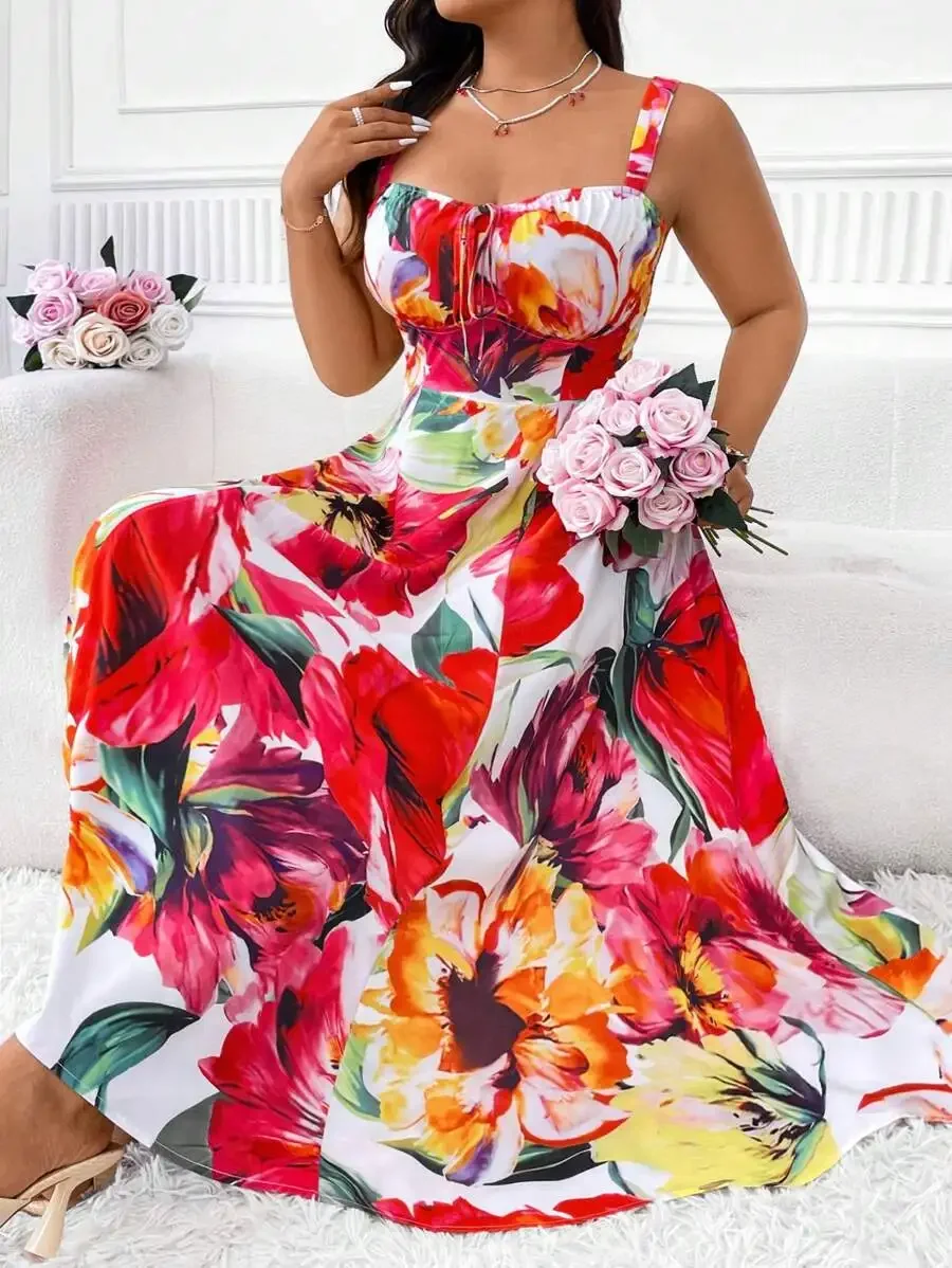 

Plus Size Women Floral Print Maxi Dress With Tie Front Straps