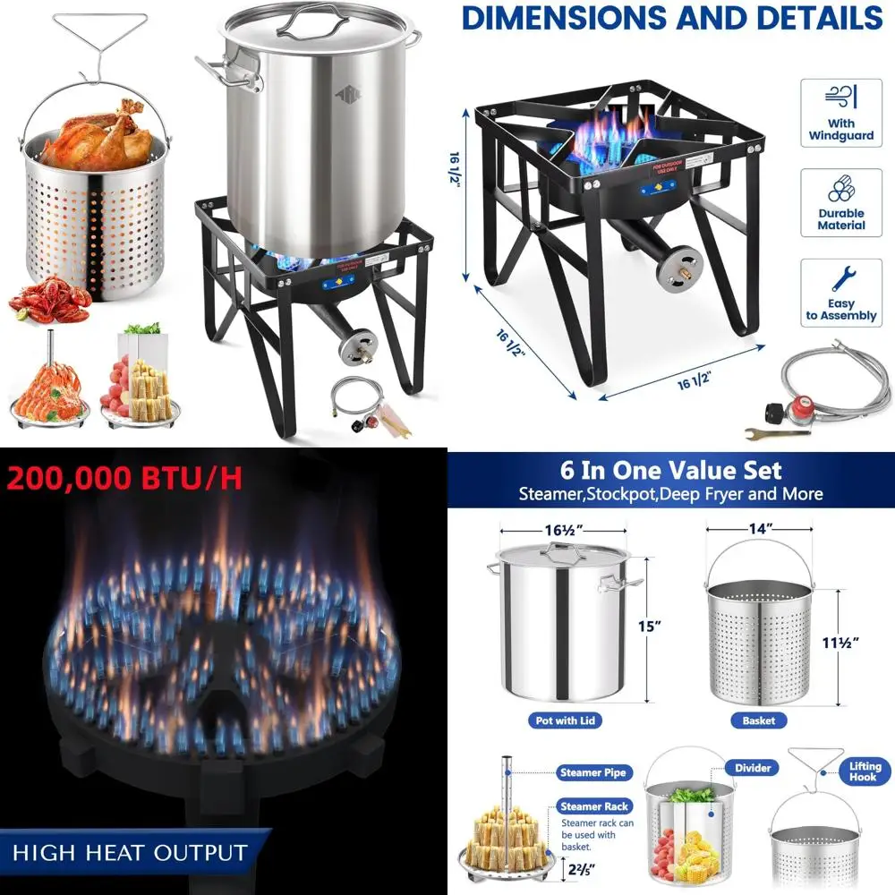 

Круглая кастрюля из нержавеющей стали, 52-литровая с чугунной горелкой, кастрюля для варки морепродуктов на открытом воздухе с высоким BTU для крупных встреч