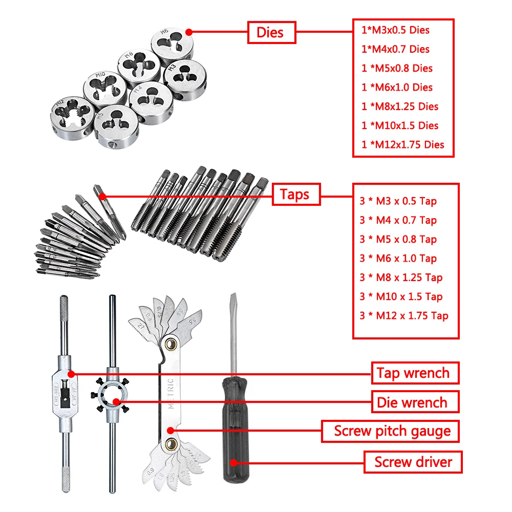 32 PCS HSS Tap and Die Set Metric Wrench Cut M3-M12 Tap and Die Set Metric Threading Tool Set Engineer Kit with Metal Case