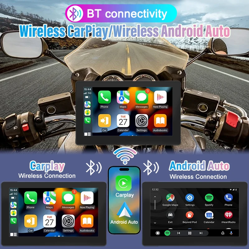 Portable 7 Inch Motorcycle CarPlay GPS Navigation Wireless CarPlay Android Auto Touch Screen Dual Bluetooth Motorcycle Monitor