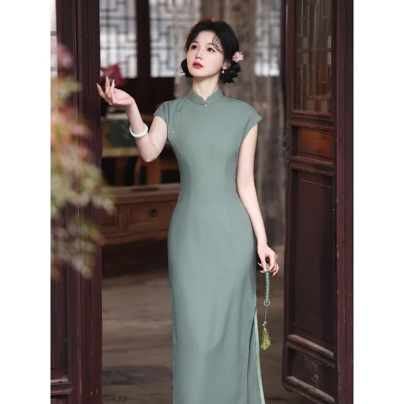New Chinese style green sleeveless cheongsam female slim temperament simple and elegant daily improvement dress spring
