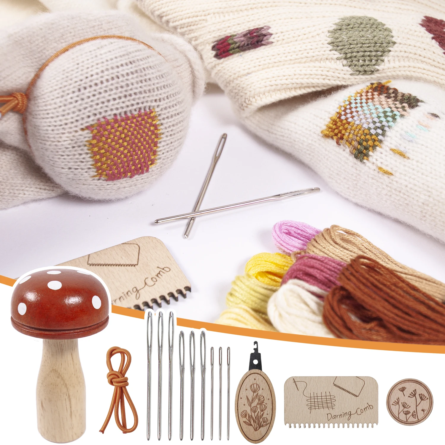 Polka Dot Darning Mushroom Knitting Tool Kit - Complete Mending Set with Wooden Accessories for Sock & Sweater Repair