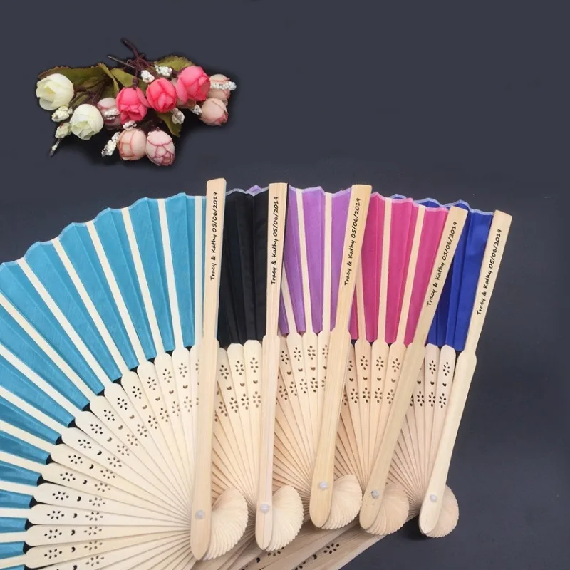 30pcs/lot Custom Folding Fan Personalized Bride & Groom\'s Name & Date Silk Wedding Dance Hand Fan with Gift Box Party Favors