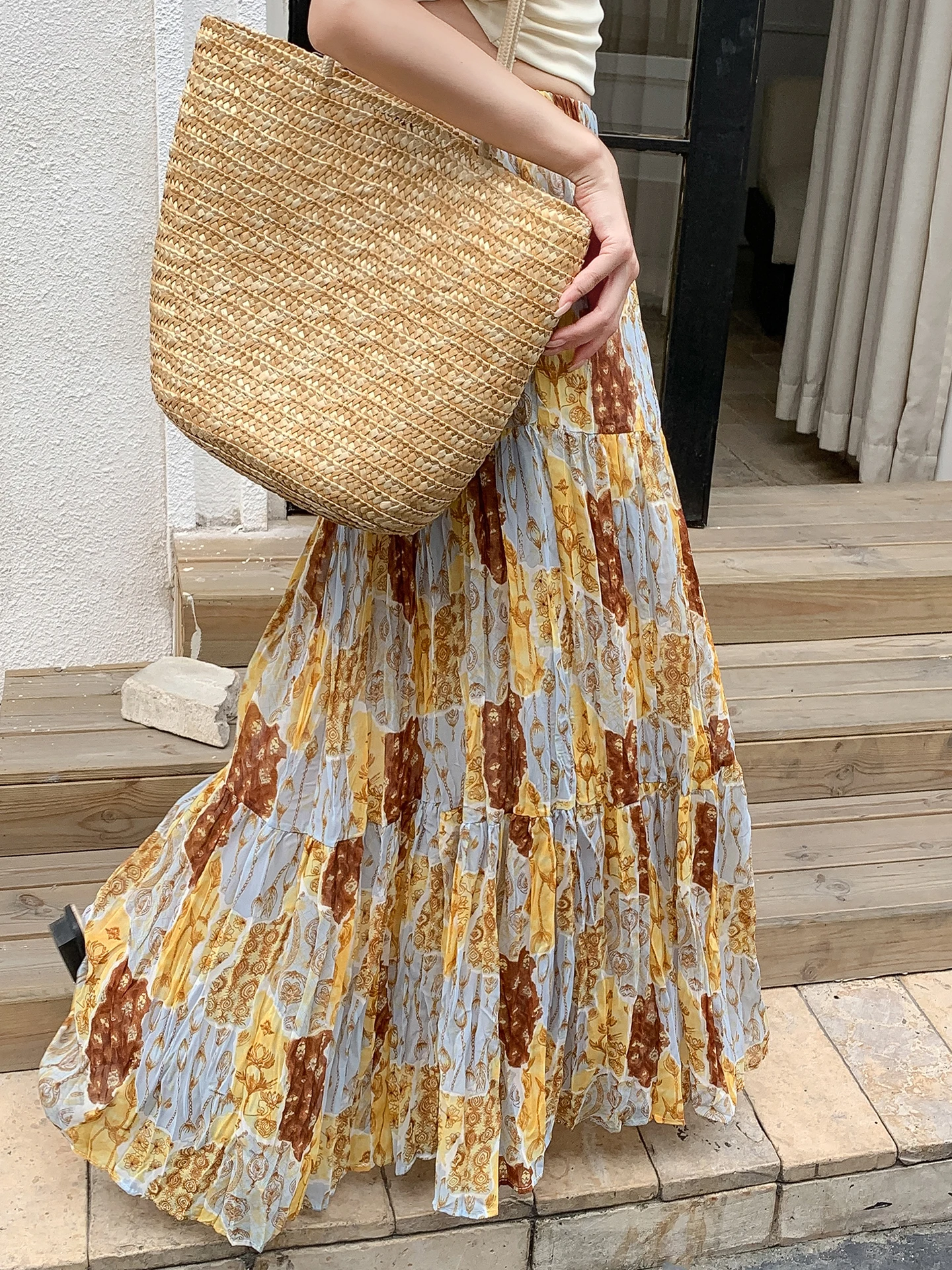 

Summer High Waist A-Line Skirt Women's Printed Chiffon Pleated Drapey Long Skirt Korean Style Commute Polyester Fiber