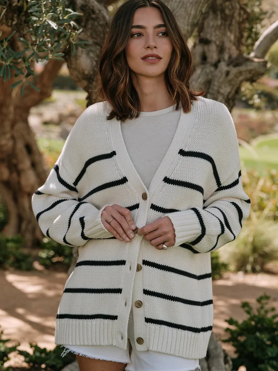 

Осень-зима 2025 года, новый кардиган с v-образным вырезом, свитер из чистого хлопка, полосатый вязаный кардиган для женщин