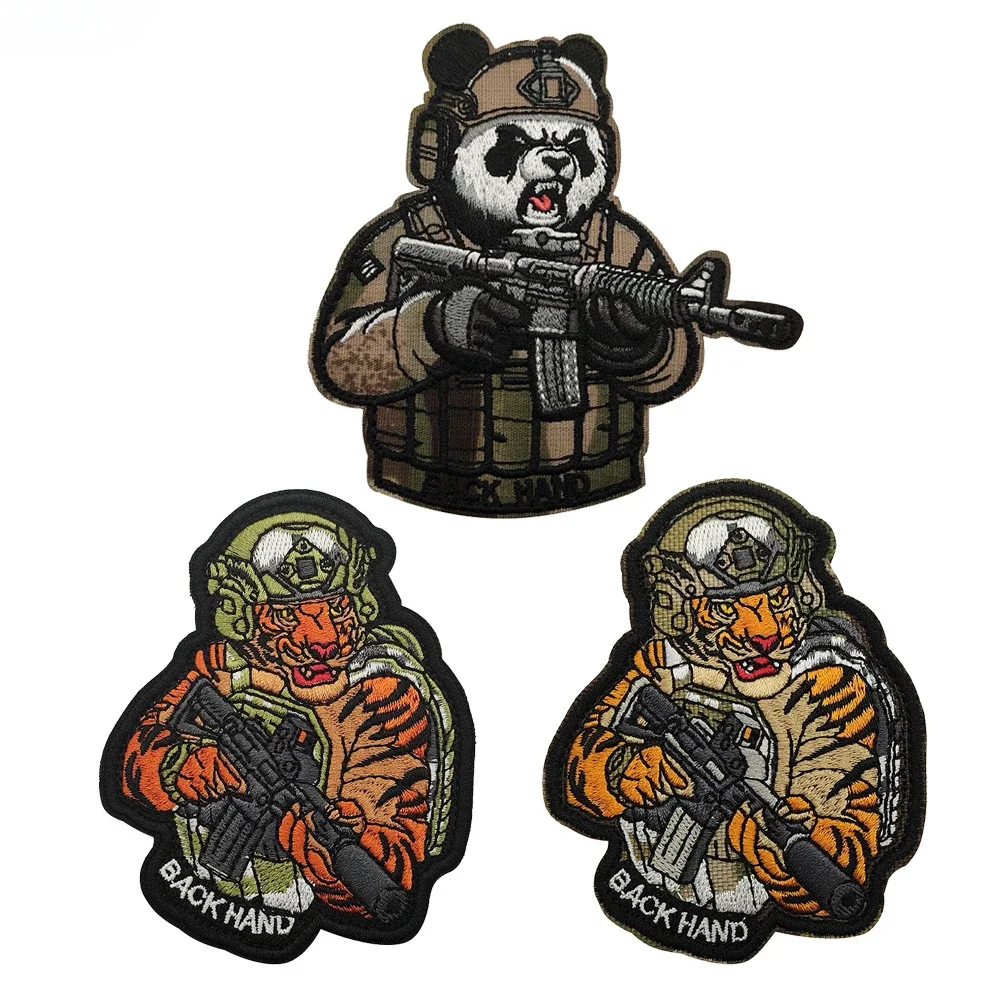 Panda Tiger Soldier Embroidery Patches Tactical Morale Armband HOOK & LOOP Cartoon Badges DIY Uniform Backpacks Hats Accessories