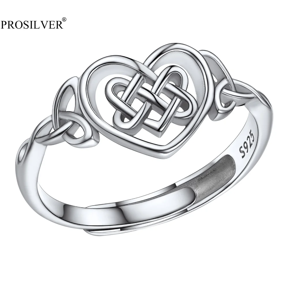 PROSILVER 925 Sterling Silver Celtic Heart Rings for Women Girl Stylish Stackable Irish Love Knot Open Ring Fashion Jewelry Gift