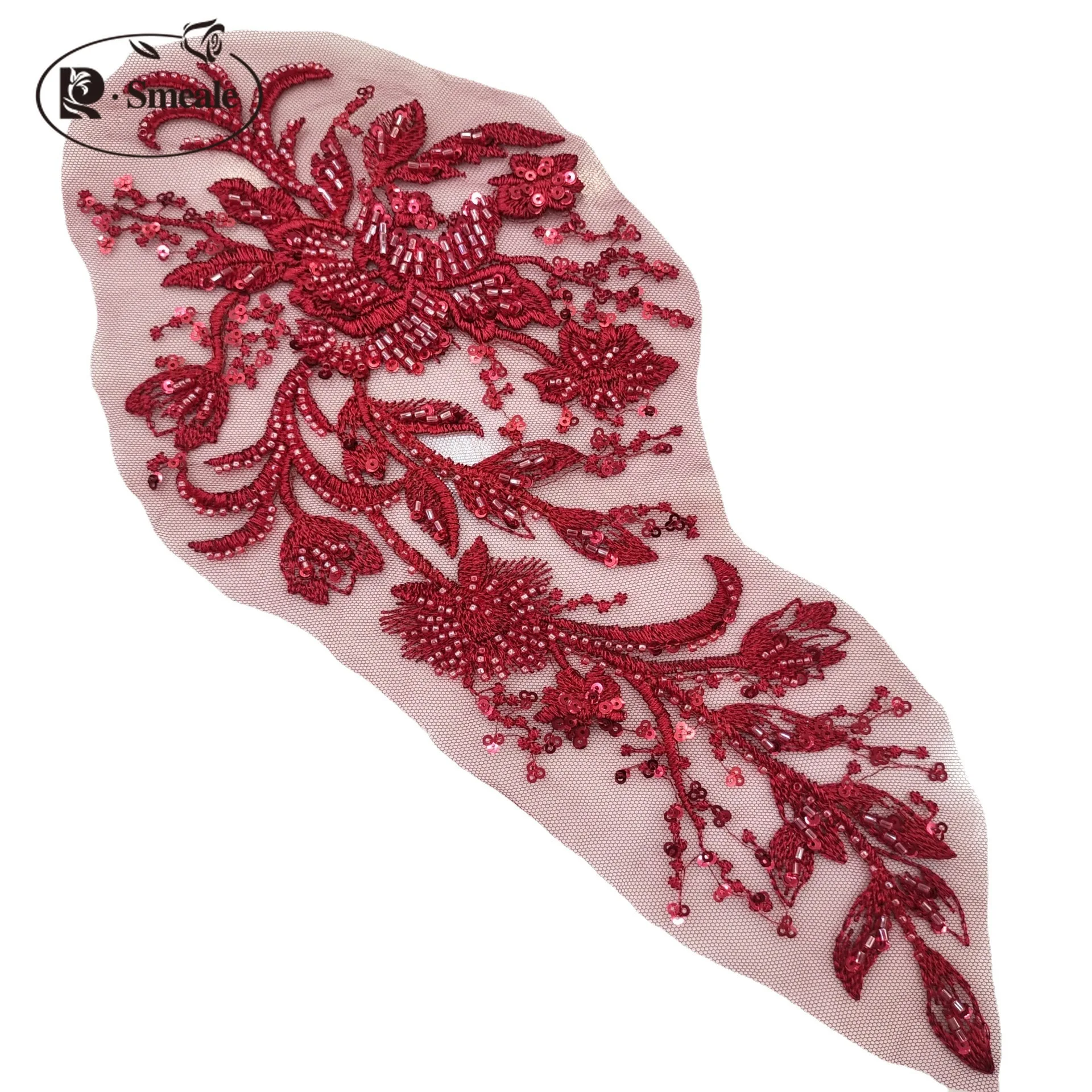 Beaded Lace Flowers Patches for Clothing, Embroidery Applique, Mesh, Bordeaux Color, DIY, 36*17cm, 2 PCs/Pack, RS24009